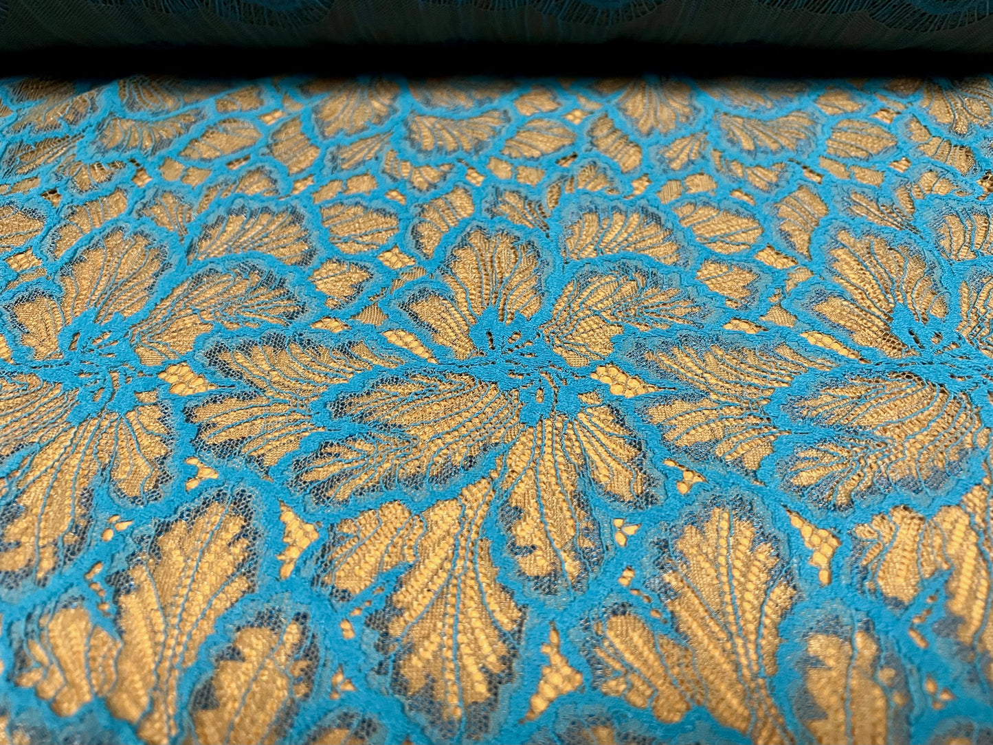 Embroidered lace fabric panel - 1.6 metre length, sold by the panel - blue