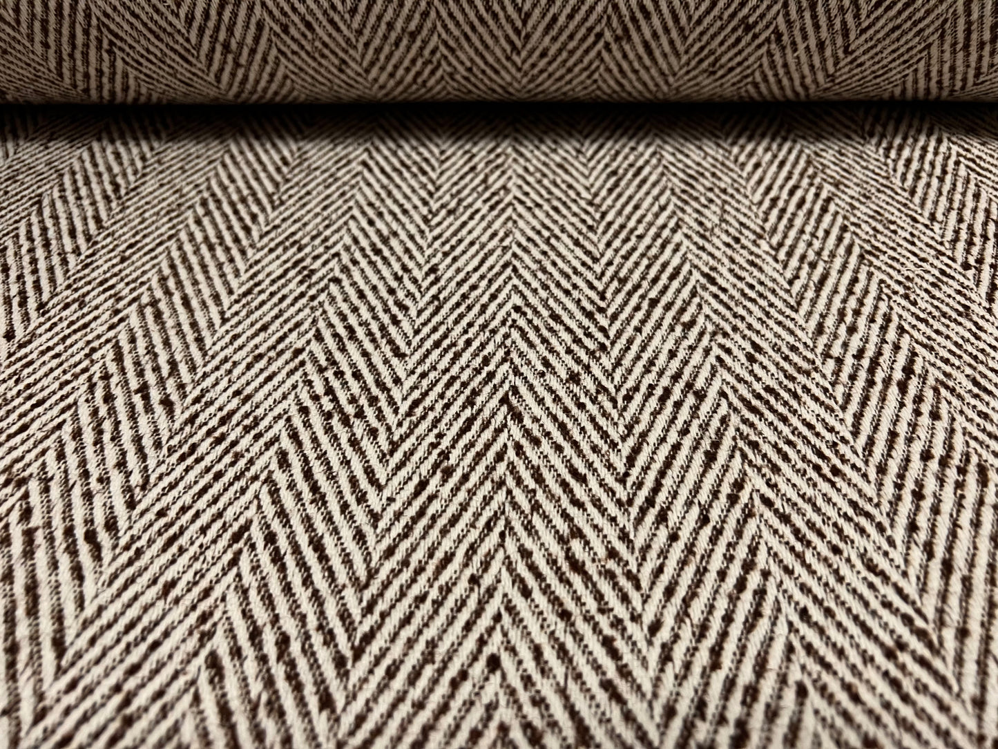 Wool jacquard woven fabric, per metre - herringbone slub - brown & ecru