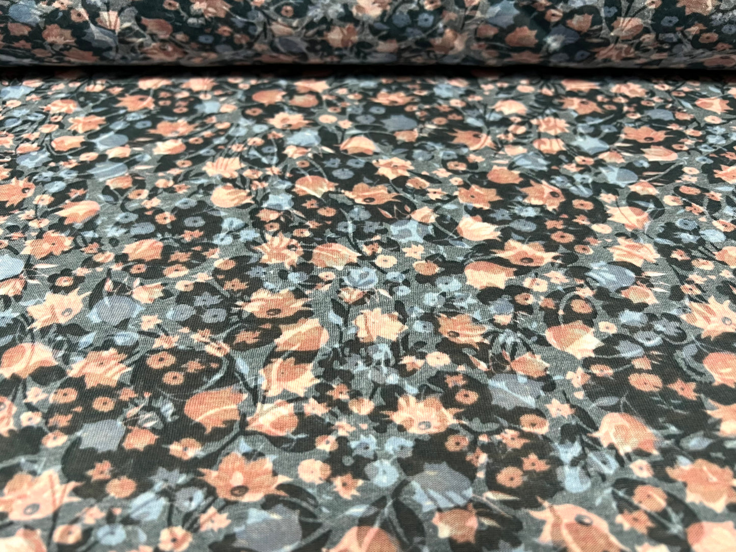 Lady K lightweight burnout single jersey fabric, per metre - ditsy floral print - pale blue & pink