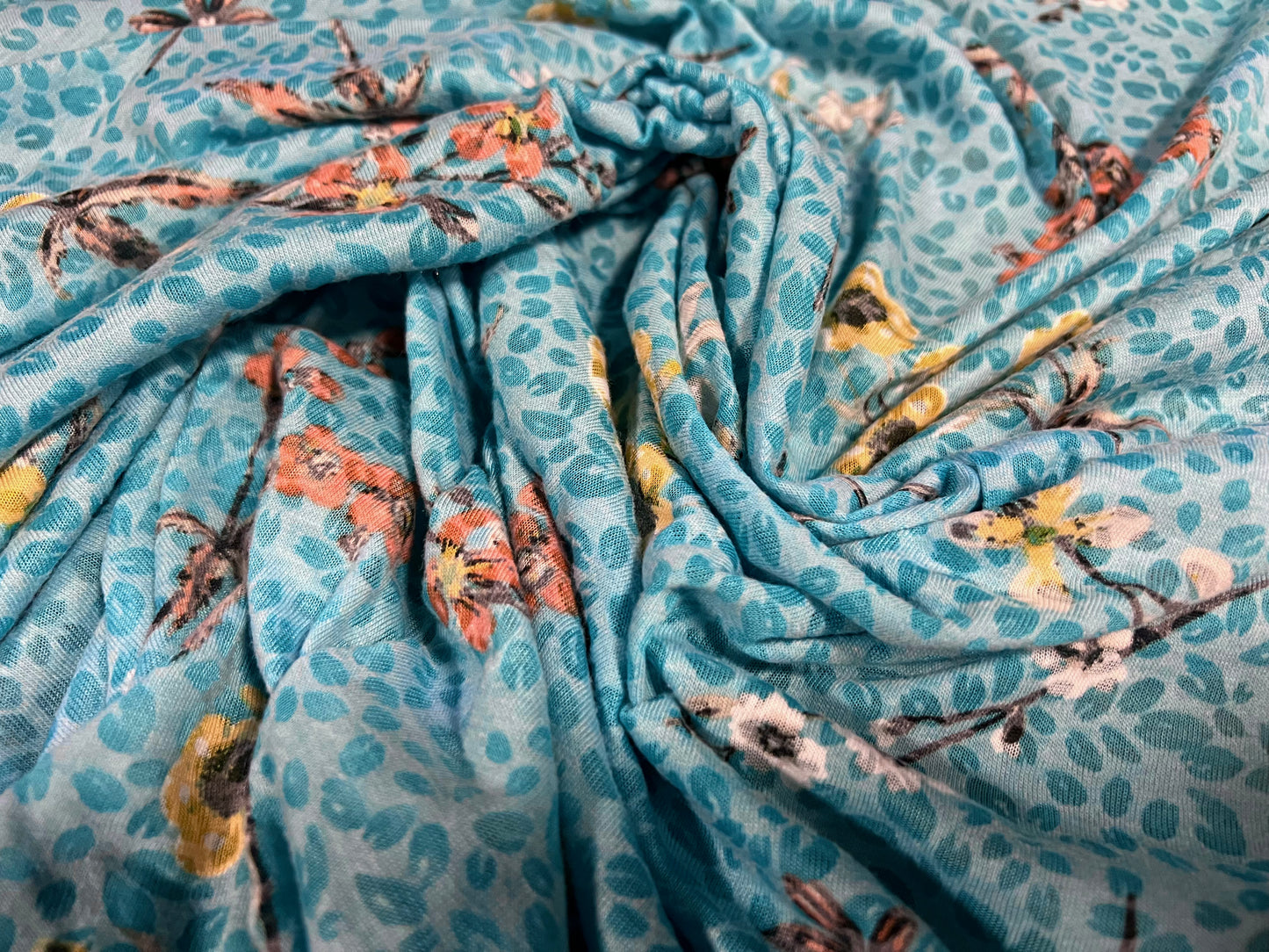 Lady K lightweight burnout single jersey fabric, per metre - blossom petals print - turquoise