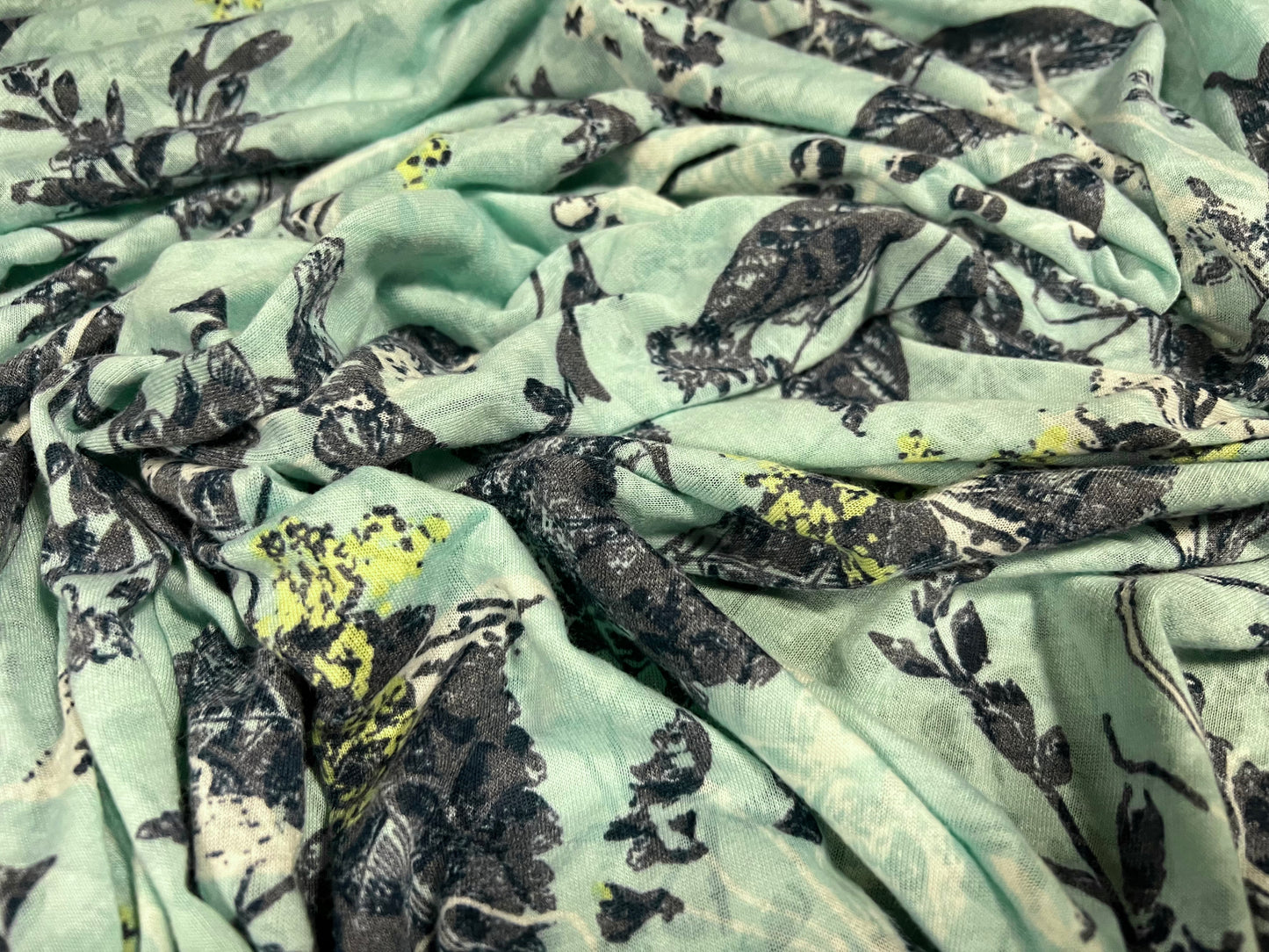 Lady K lightweight burnout single jersey fabric, per metre - leaves print - aqua