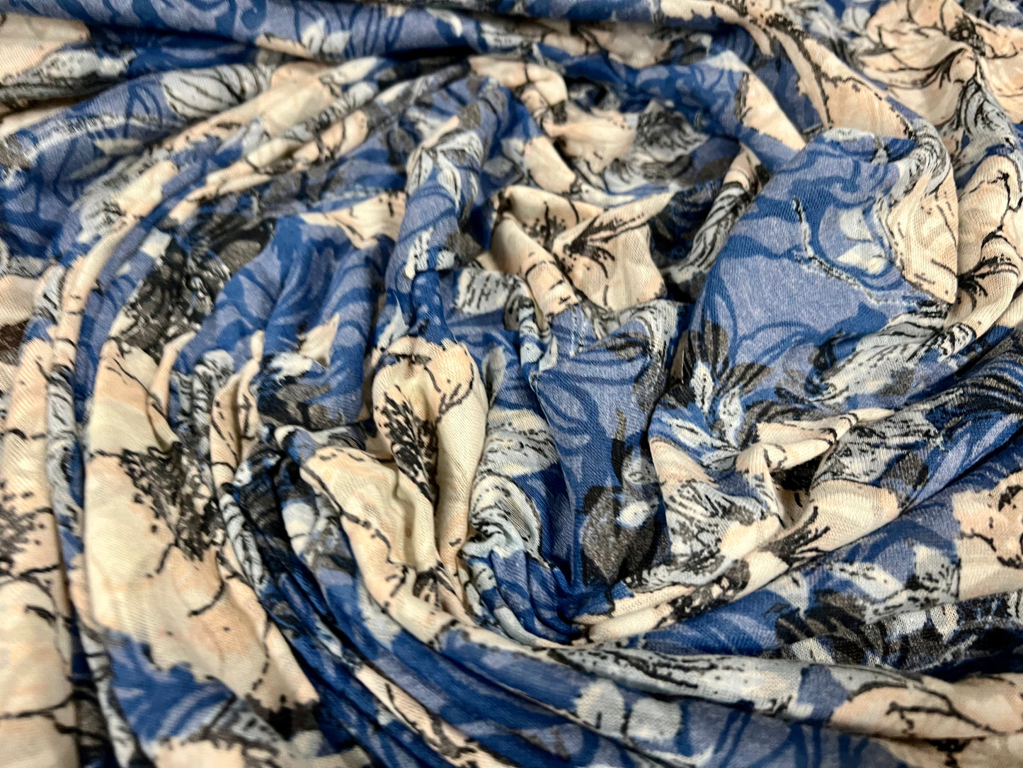 Lady K lightweight burnout single jersey fabric, per metre - rose flower print - blue