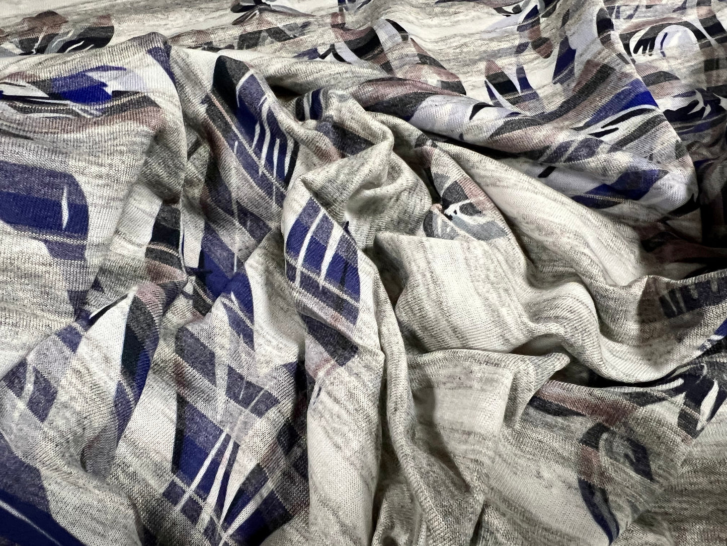 Soft handle ringspun single jersey fabric, per metre - floral stripe print - grey marl violet & pink