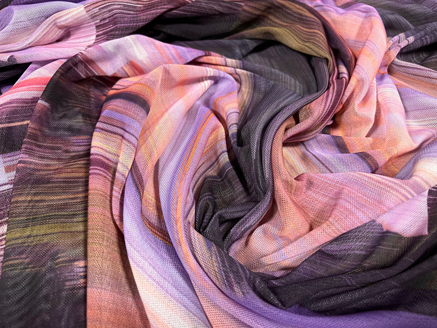 Power mesh net stretch spandex fabric, per metre - linear sunset print - lilac & pink