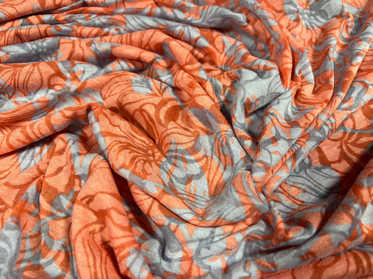 Lady K lightweight burnout single jersey fabric, per metre - floral print - coral & pale blue