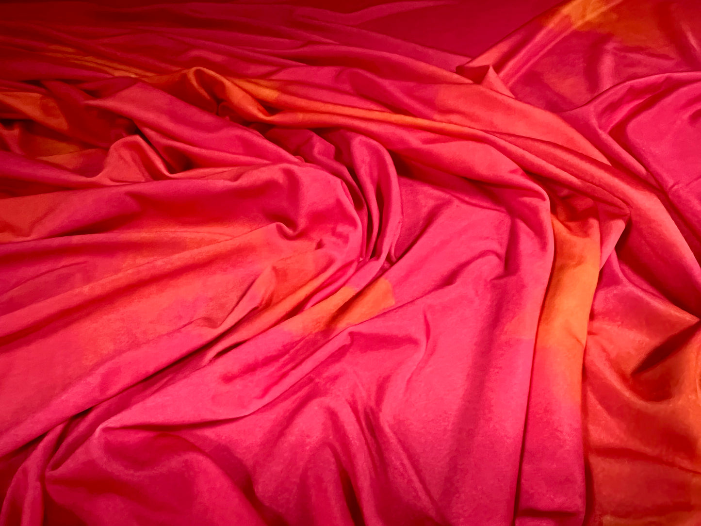 Soft touch stretch spandex jersey fabric, per metre - Smudge print - pink & orange