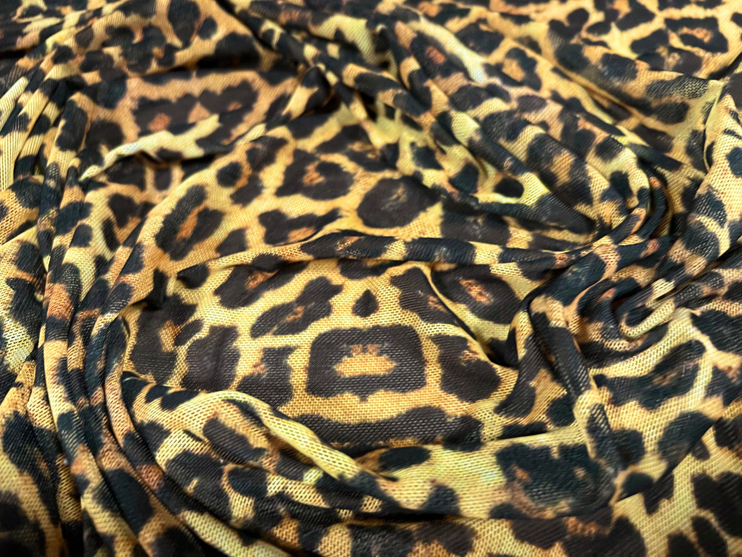 Power mesh net stretch spandex fabric, per metre - leopard animal print - gold & black