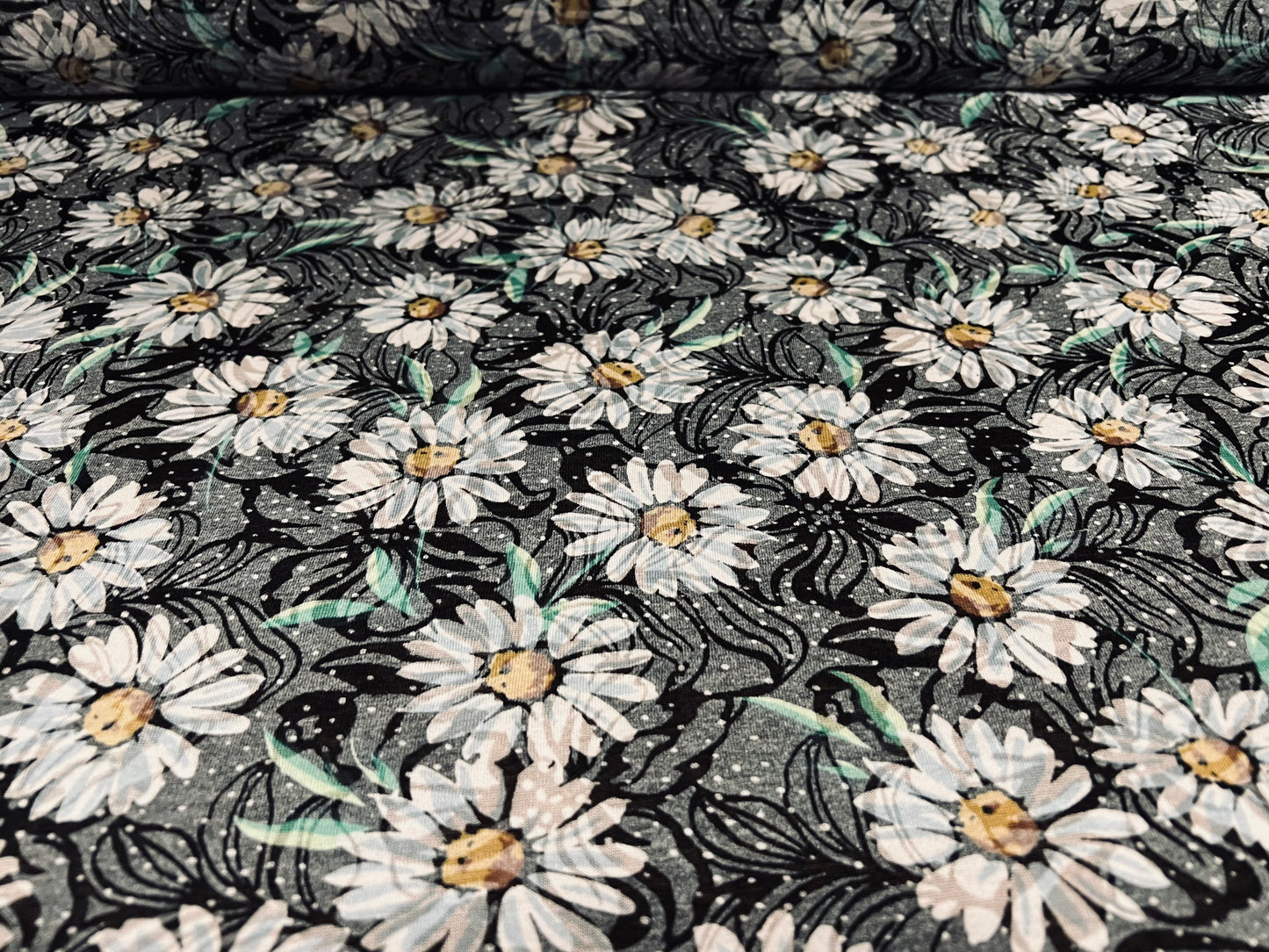 Lady K lightweight burnout single jersey fabric, per metre - daisy flower print - grey & white