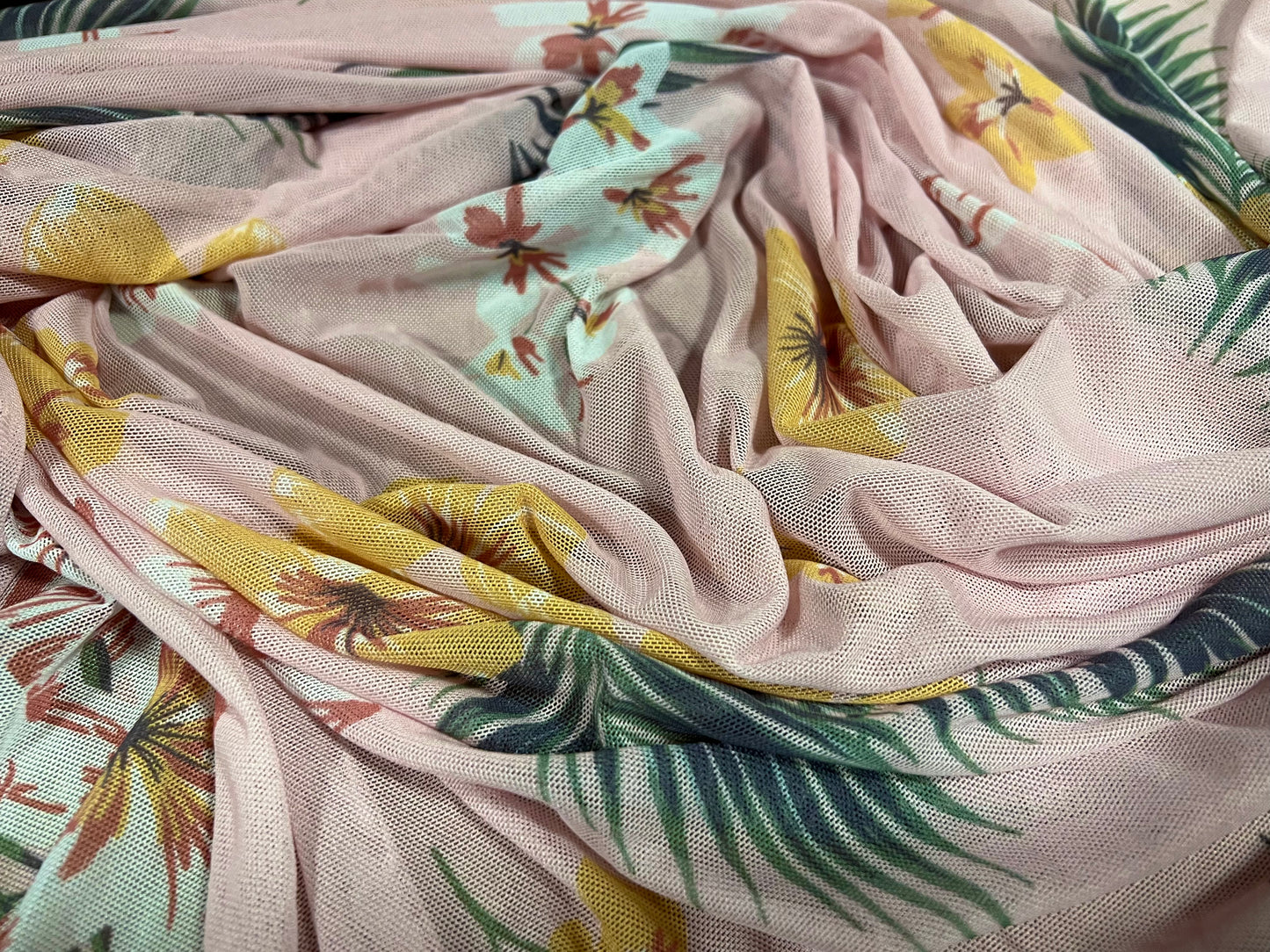 Power mesh net stretch spandex fabric, per metre - tropical flower print - light pink & mustard