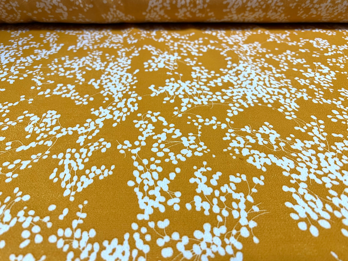 Pebble crepe woven dress fabric, per metre - ditsy floral print - mustard & white