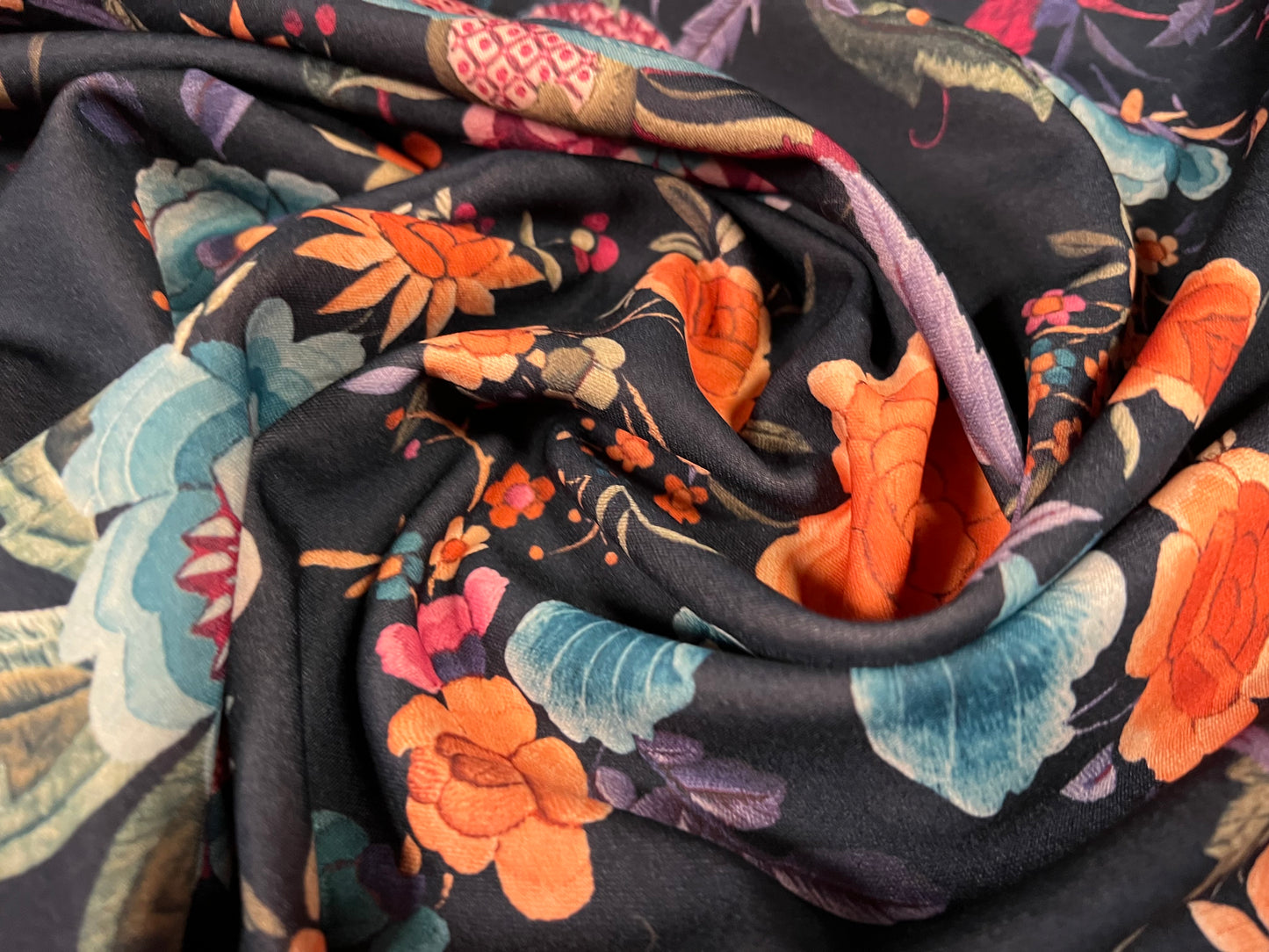 Scuba stretch spandex neoprene style jersey fashion fabric, per metre - floral print - peach & black