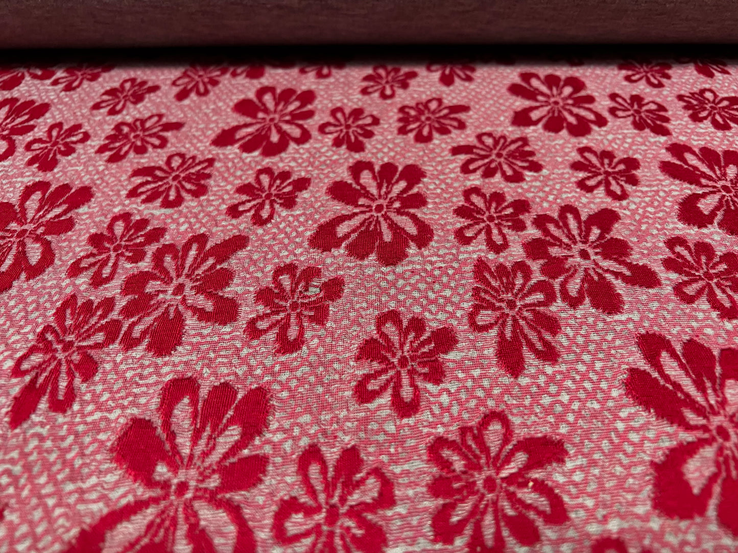 Double jersey knitwear dress fabric, per metre - floral jacquard - red & grey marl