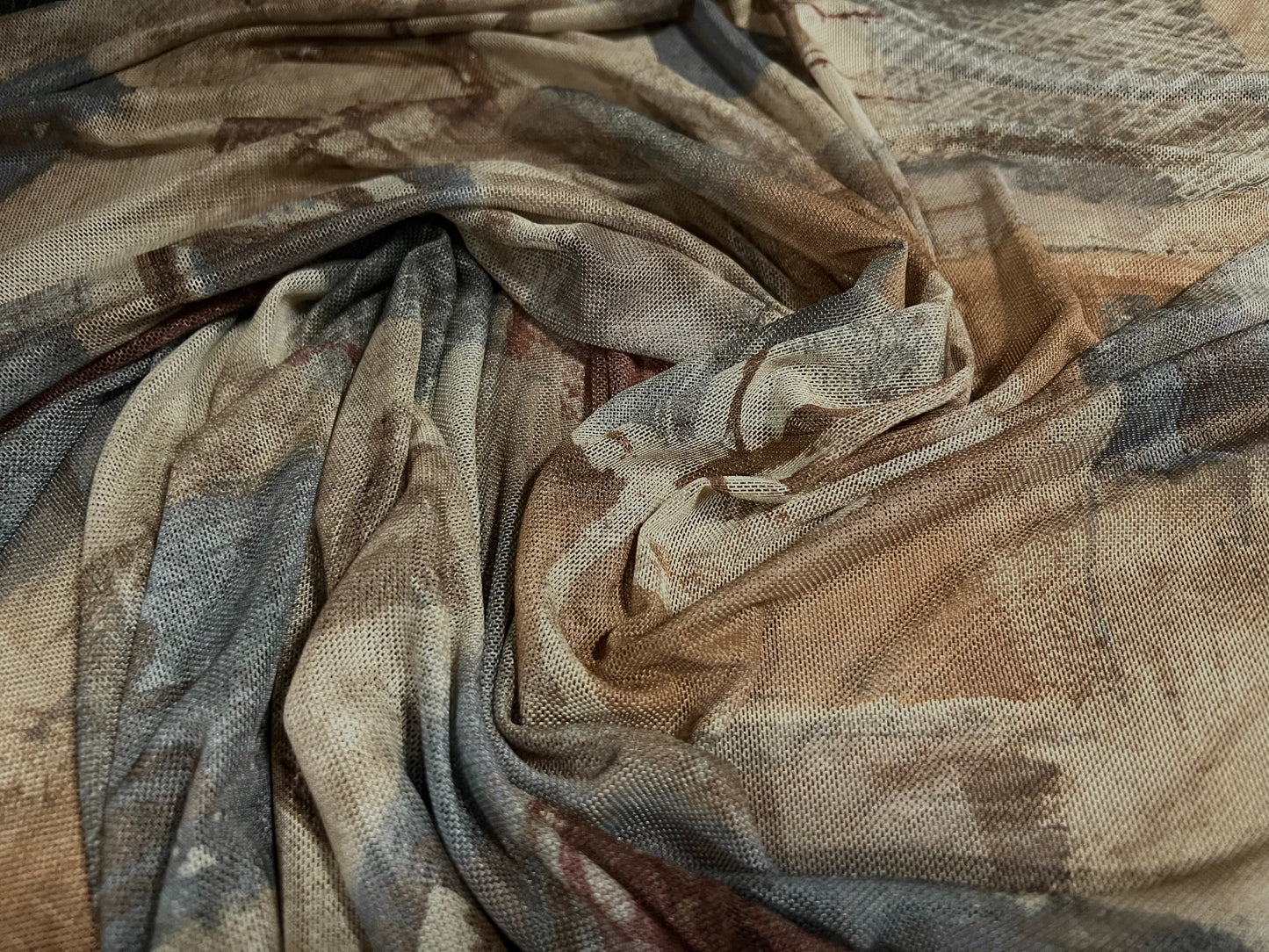 Power mesh net stretch spandex fabric, per metre - 80s retro floral print - brown beige & blue