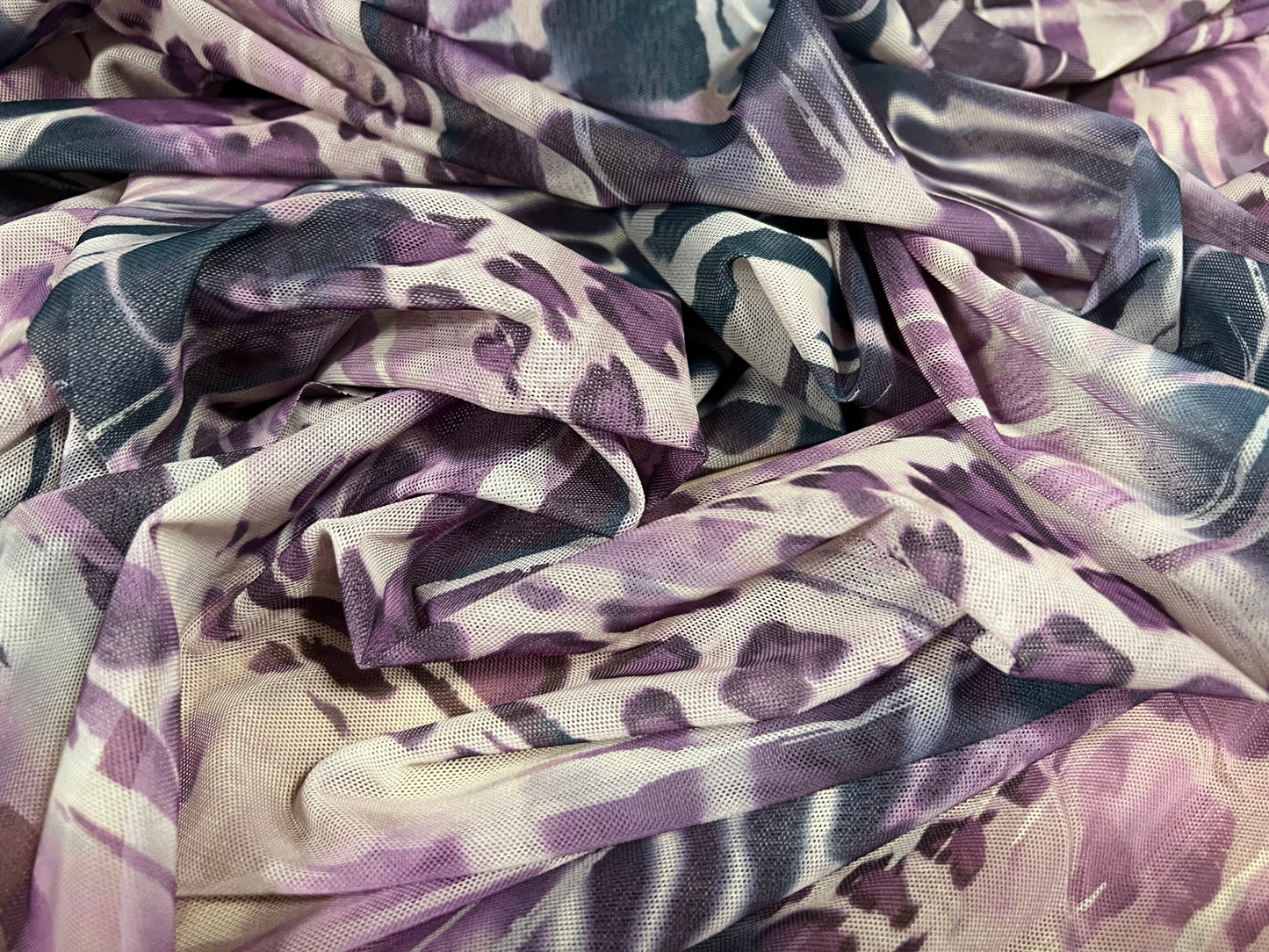 Power mesh net sheer stretch spandex fabric, per metre - distressed animal fusion print - purple