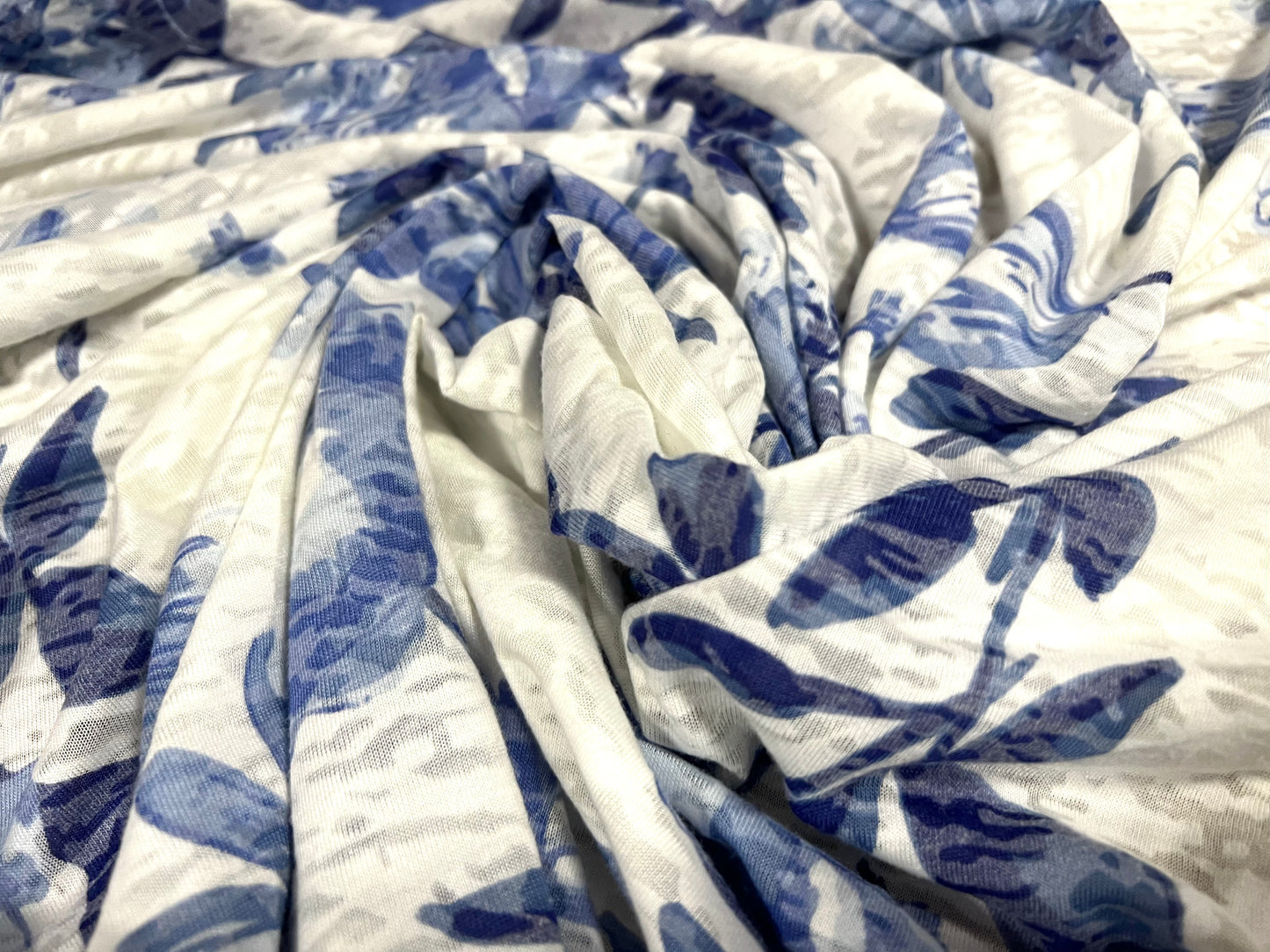 Lady K lightweight burnout single jersey fabric, per metre - flower print - white & blue