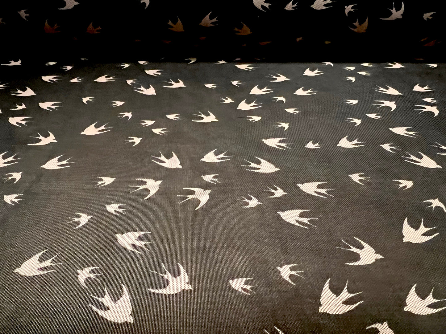 Power mesh net stretch spandex fabric, per metre - birds in flight print - black & nude
