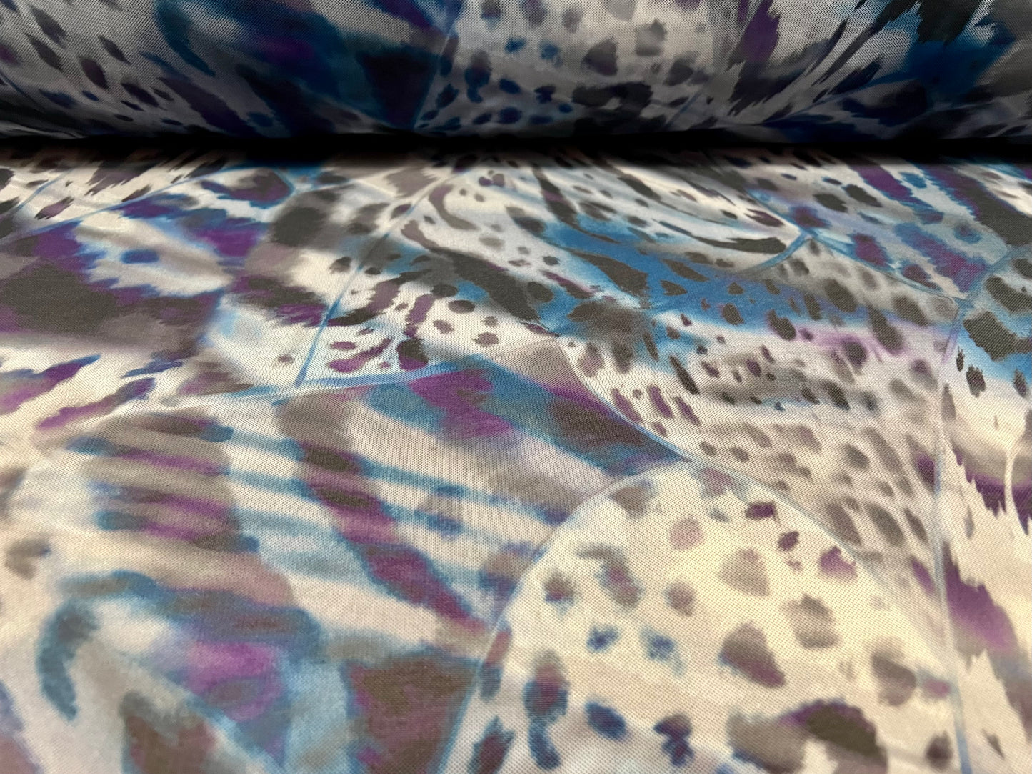 Power mesh net sheer stretch spandex fabric, per metre - distressed cheetah print - blue & purple