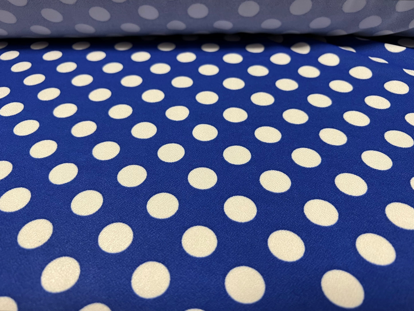 Scuba crepe stretch spandex double jersey dress fabric, per metre - polka dot print - Royal blue & white