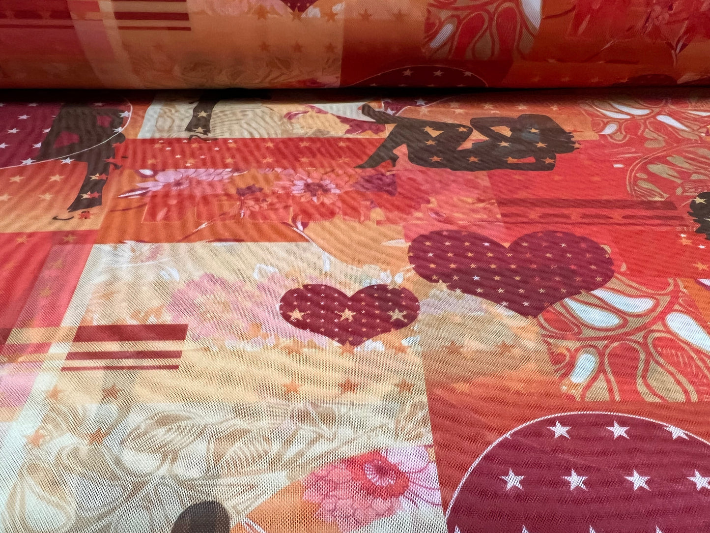 Power mesh net stretch spandex fabric, per metre - love hearts, stars and models print - orange & magenta