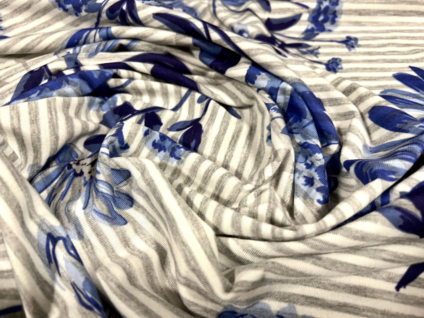 Soft handle single jersey fabric, per metre - floral stripe print - grey & blue