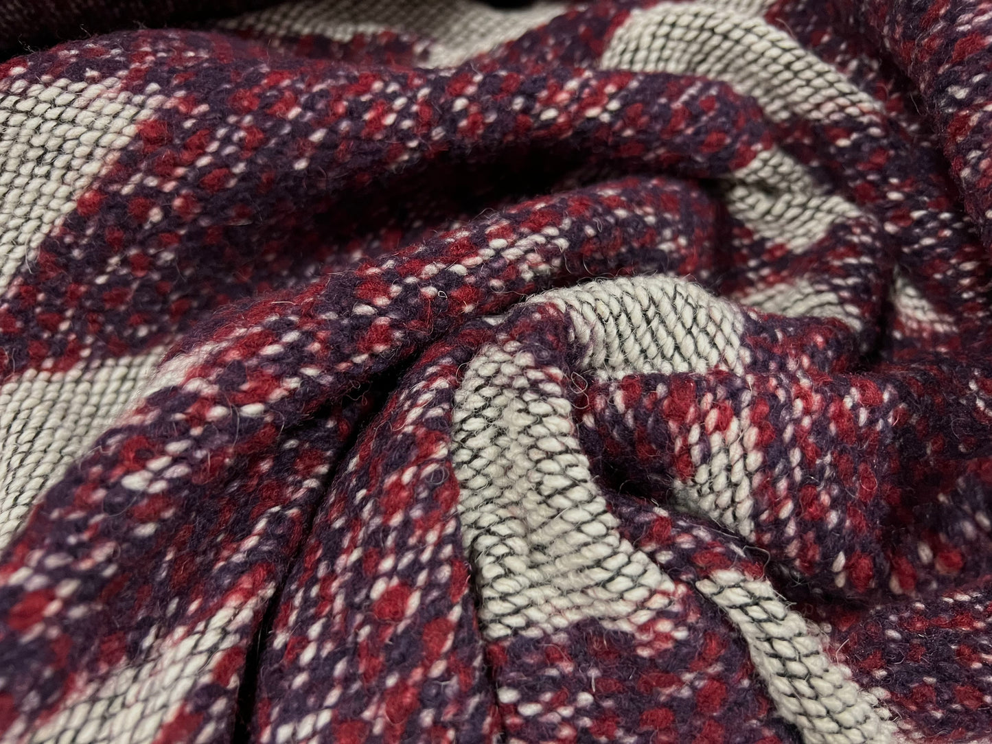 Wool bouclé heavyweight fabric, per metre - diamond argyle check - purple wine & grey