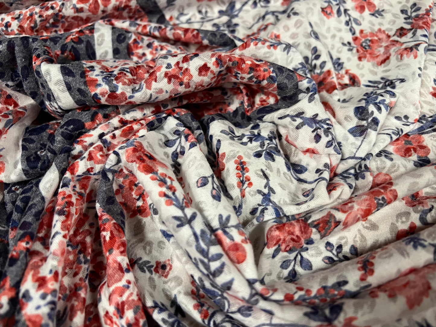 Lady K lightweight burnout single jersey fabric, per metre - floral double border print - red white & navy