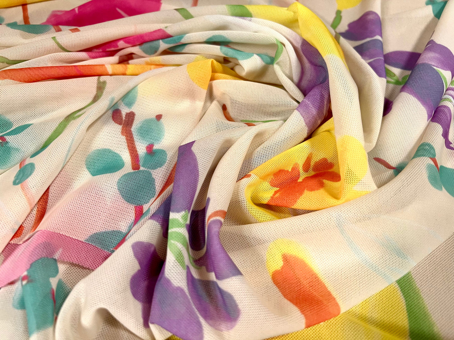 Power mesh net stretch spandex fabric, per metre - large flower print - cream