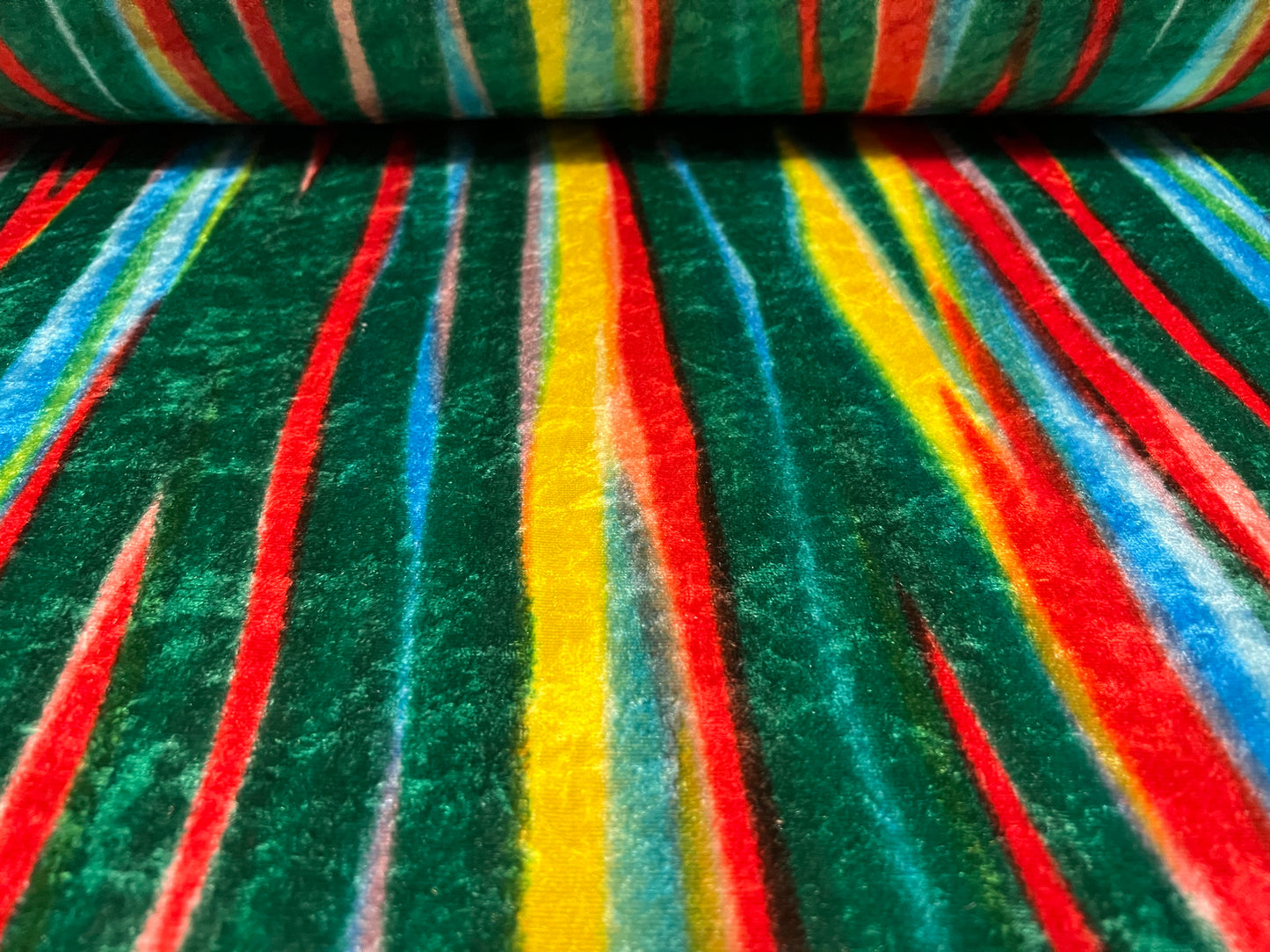 Velour dress fabric, per metre - distressed rainbow stripe print