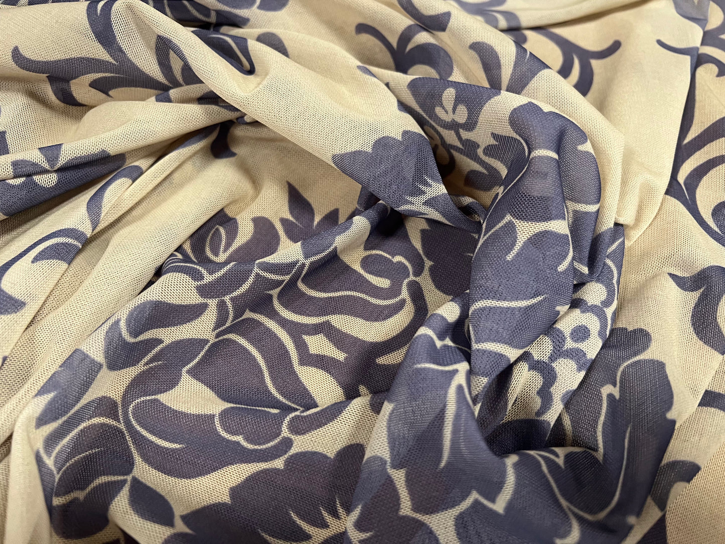 Power mesh net sheer stretch spandex fabric, per metre - damask print - vanilla & grey