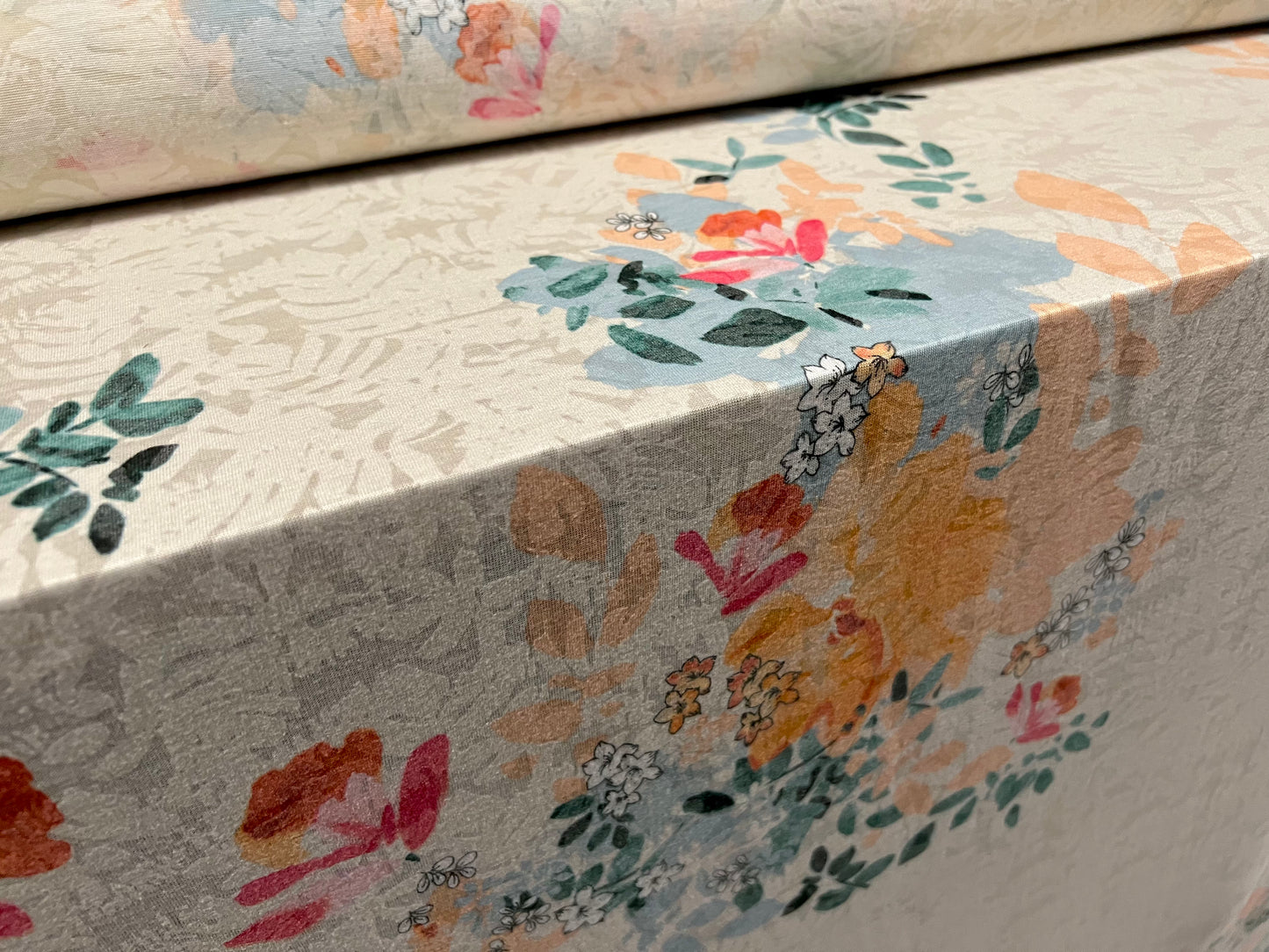 Lady K lightweight burnout single jersey fabric, per metre - leaves and flowers print - peach blue & cream