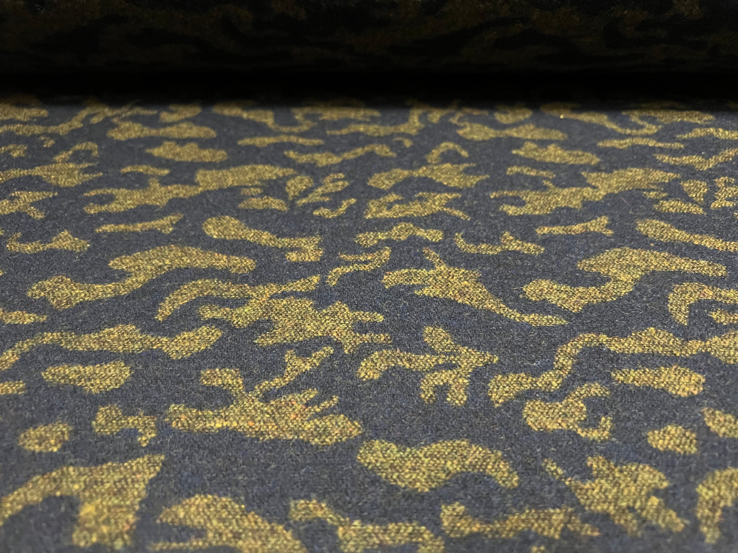 Wool jacquard woven fabric, per metre - abstract swirl - khaki & indigo