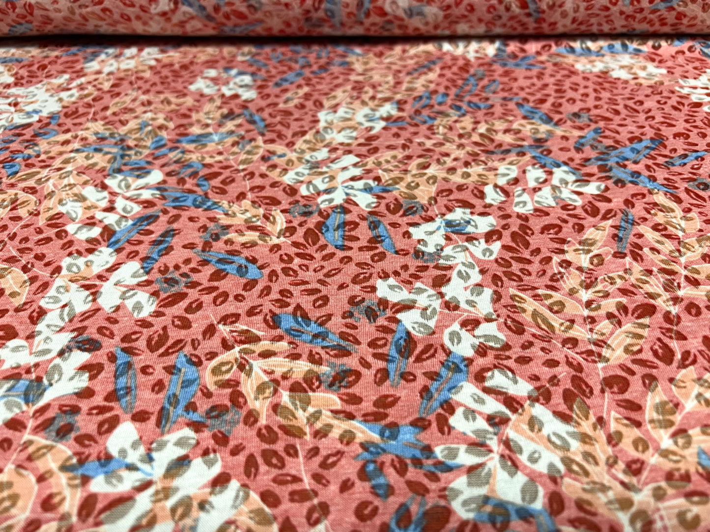 Lady K lightweight burnout single jersey fabric, per metre - flowers & petals print - coral