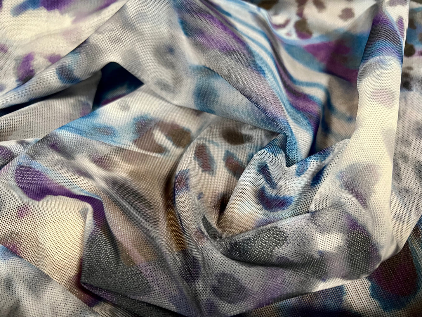 Power mesh net sheer stretch spandex fabric, per metre - distressed cheetah print - blue & purple
