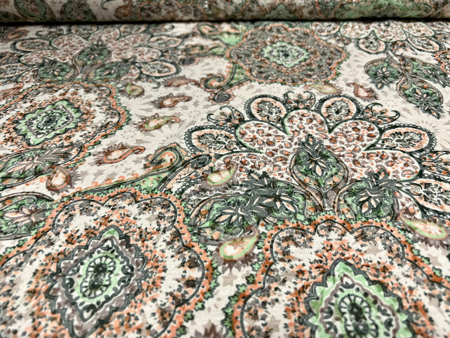 Lady K lightweight burnout single jersey fabric, per metre - paisley mosaic print - peach green & cream