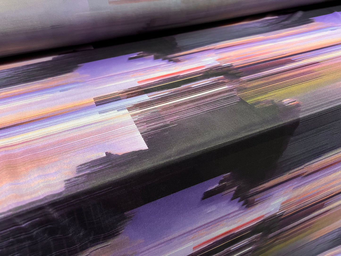 Power mesh net stretch spandex fabric, per metre - linear sunset print - lilac & pink