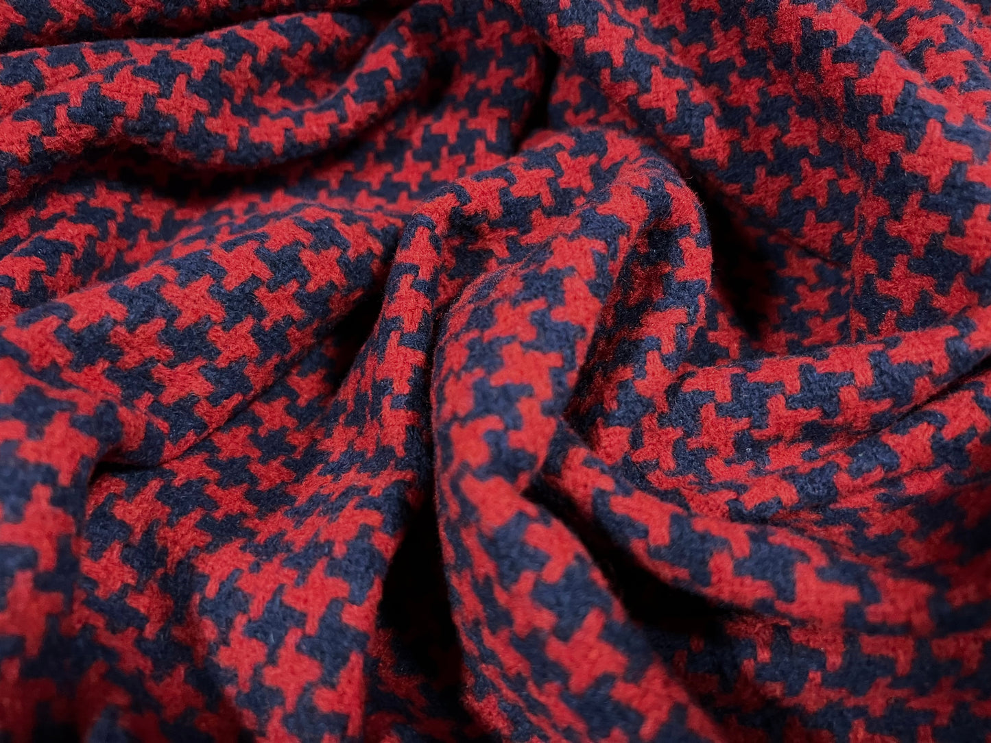 Wool blend bouclé fabric, per metre - dogtooth jacquard - wine & navy blue