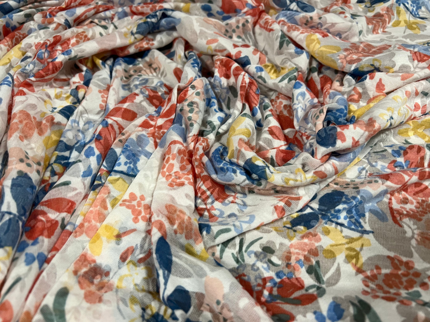 Lady K lightweight burnout single jersey fabric, per metre - floral print - blue orange & ivory
