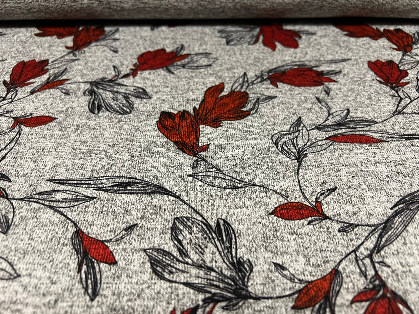Super soft knitwear jersey fabric, per metre - flower print - grey marl & rust