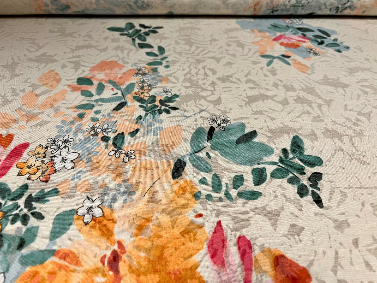 Lady K lightweight burnout single jersey fabric, per metre - leaves and flowers print - peach blue & cream