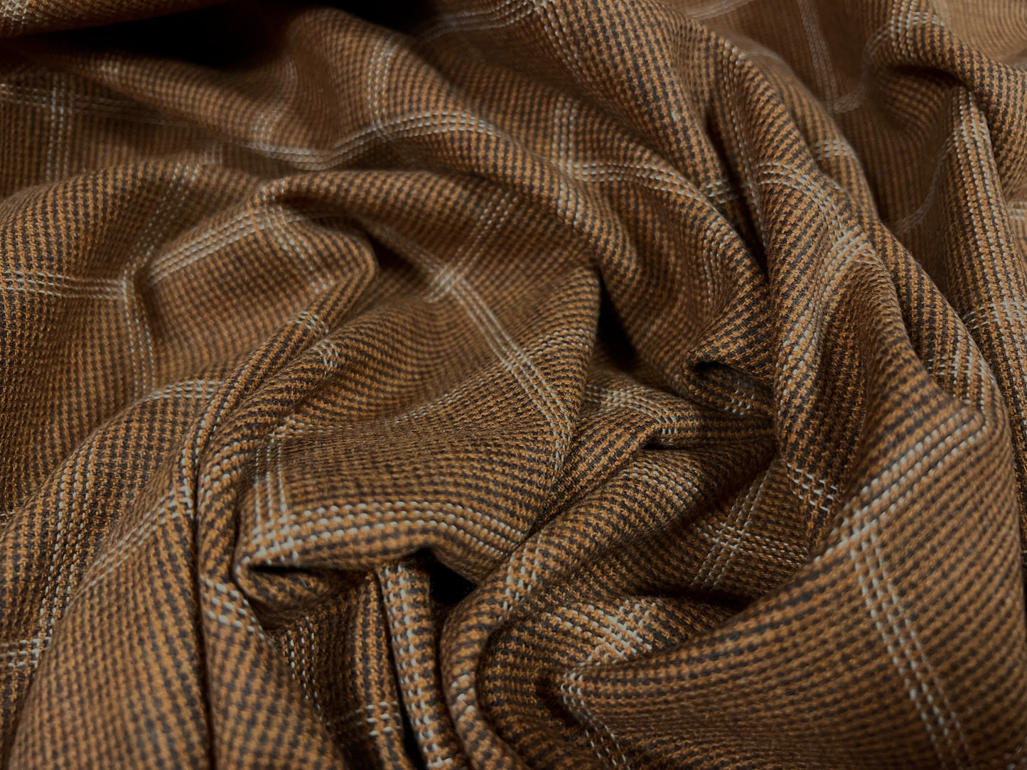 Wool blend tweed woven suit jacket fabric, per metre - matrix check jacquard - brown