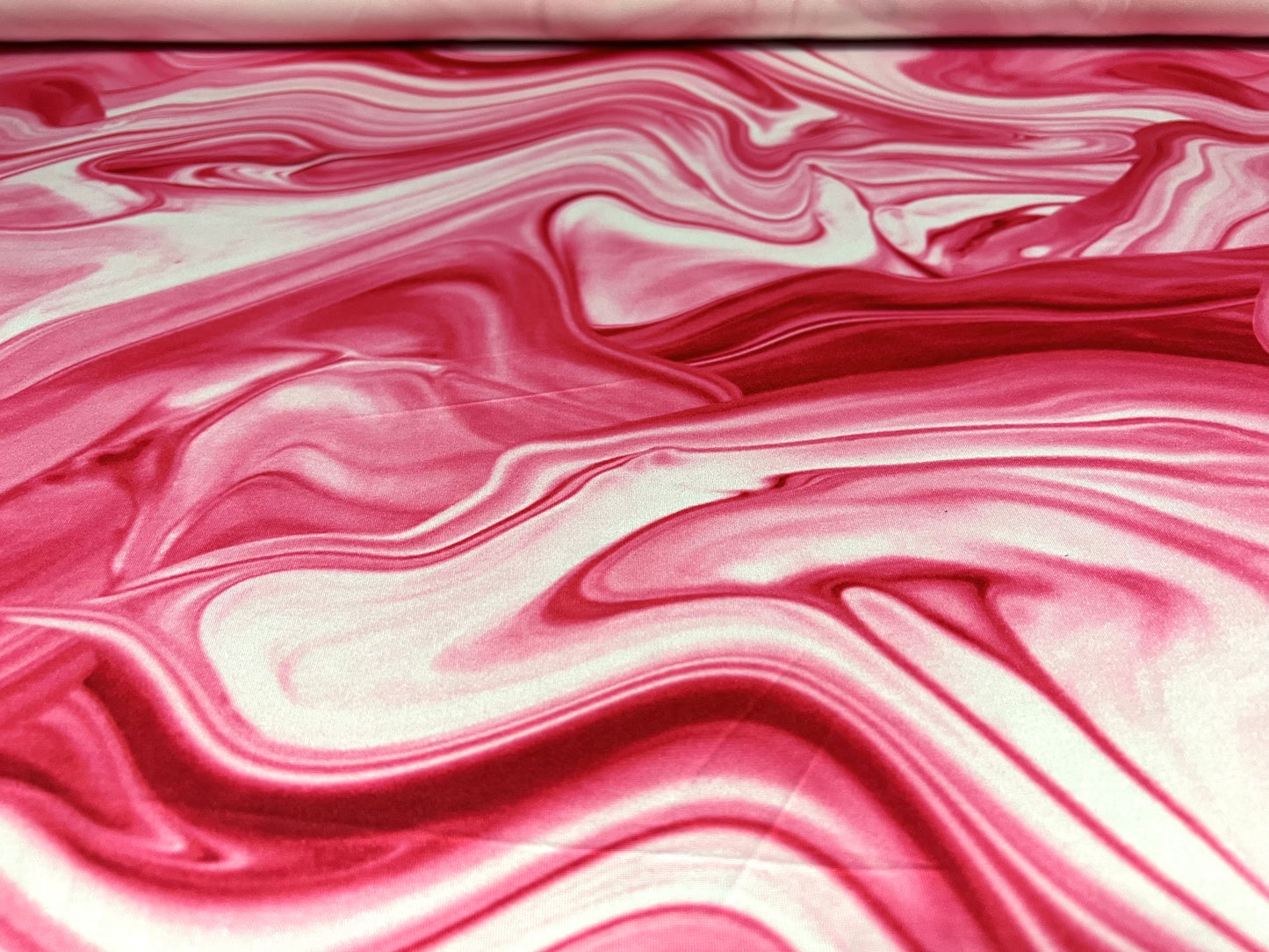 Soft touch stretch spandex jersey fabric, per metre - swirl print - pink & white