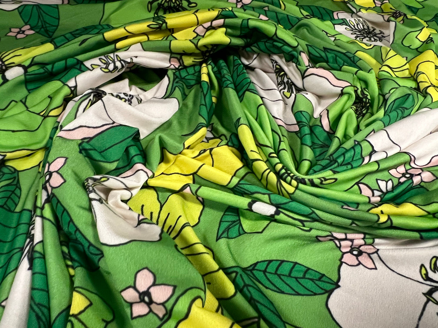 Soft touch stretch spandex jersey fabric, per metre - flower print - Kermit green