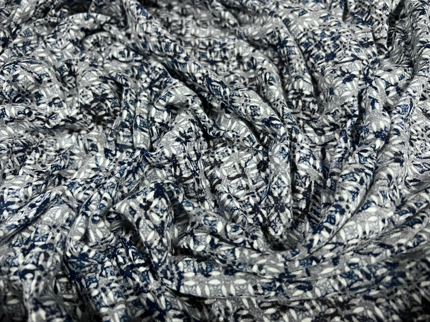 Lady K lightweight burnout single jersey fabric, per metre - mosaic print - navy blue