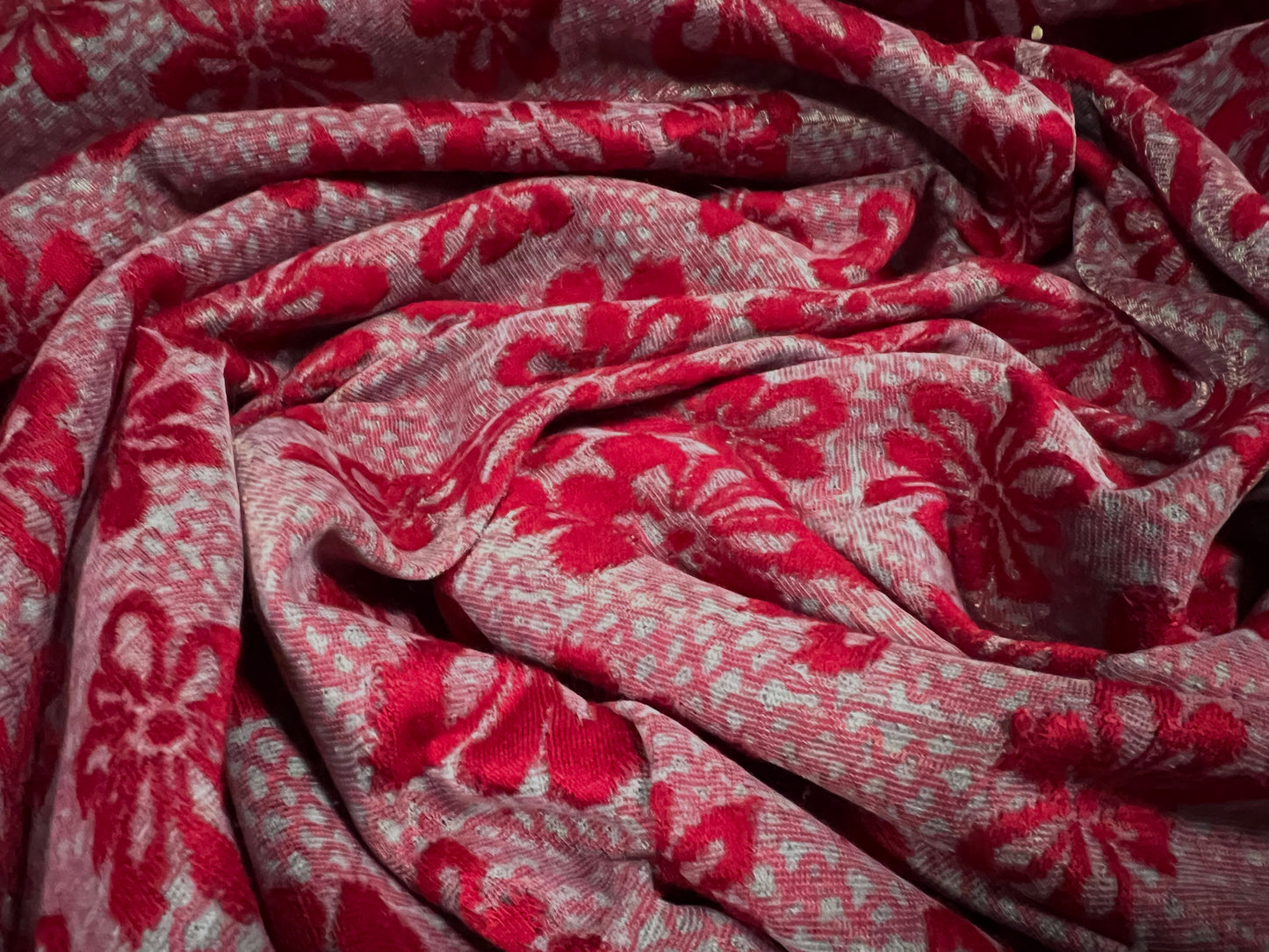 Double jersey knitwear dress fabric, per metre - floral jacquard - red & grey marl