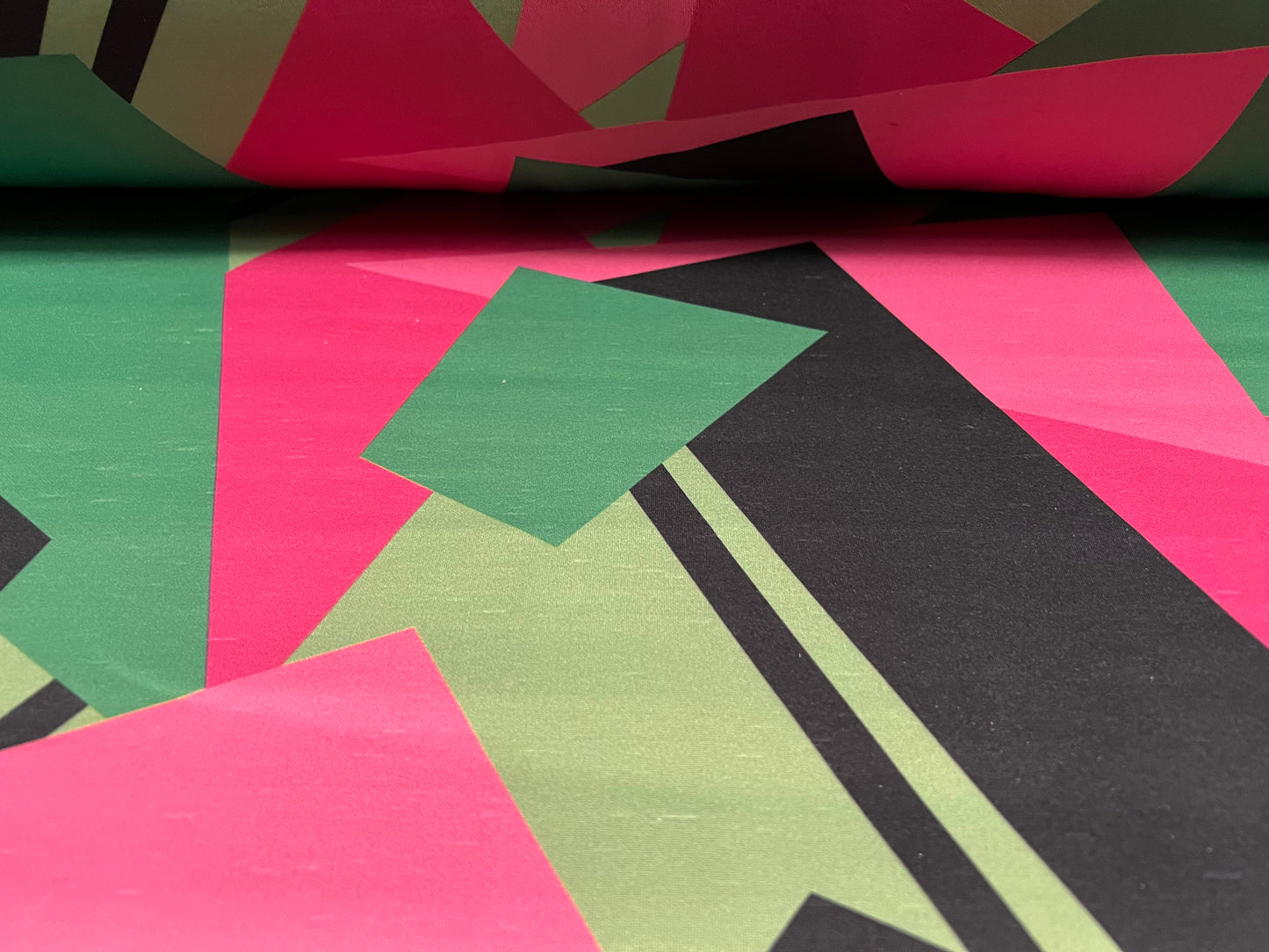 Scuba double jersey stretch spandex fabric, per metre - 80s retro shapes print - hot pink & green