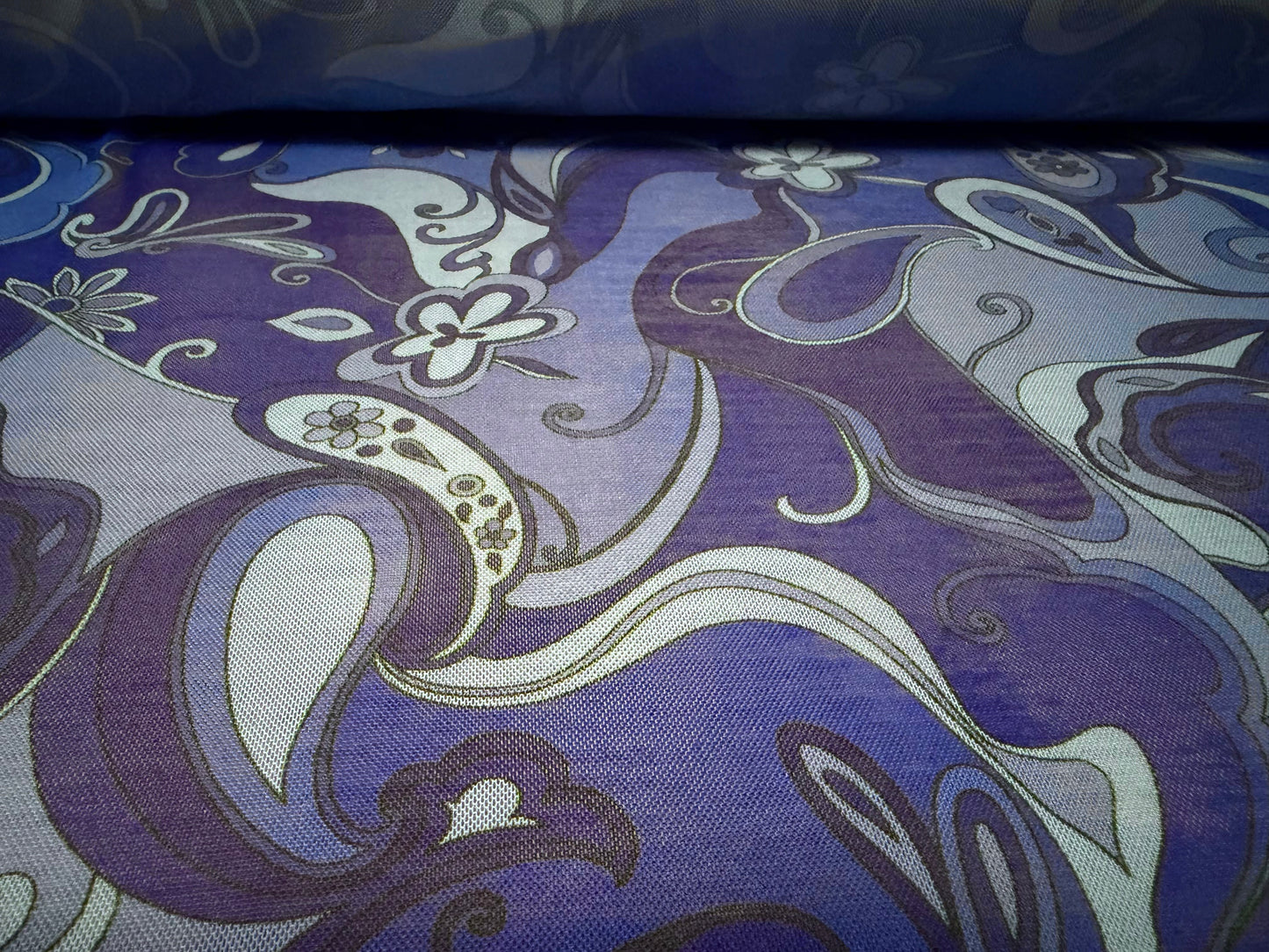 Power mesh net stretch spandex fabric, per metre - hippy swirl print - Royal & sky blue