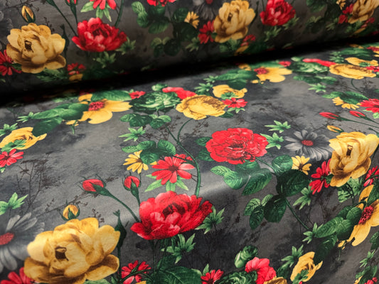 Double jersey upholstery fabric, per metre - rose print - grey red & gold
