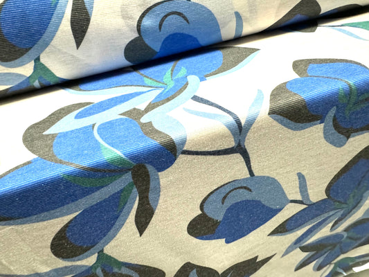 Soft handle single jersey fashion fabric, per metre - jumbo stylised flower print - white & royal blue