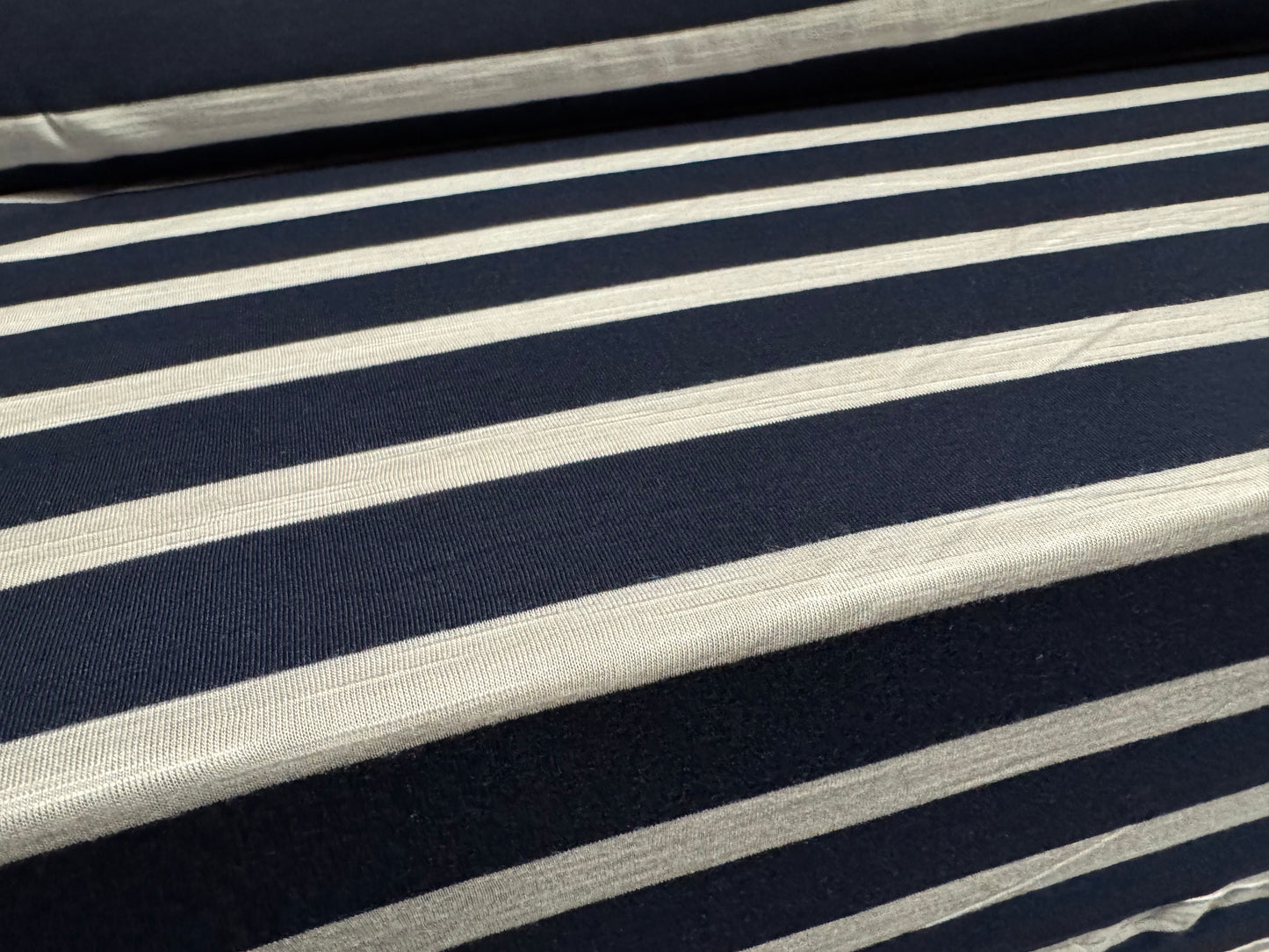 Soft handle single jersey fabric, per metre - slub stripe - navy blue & white