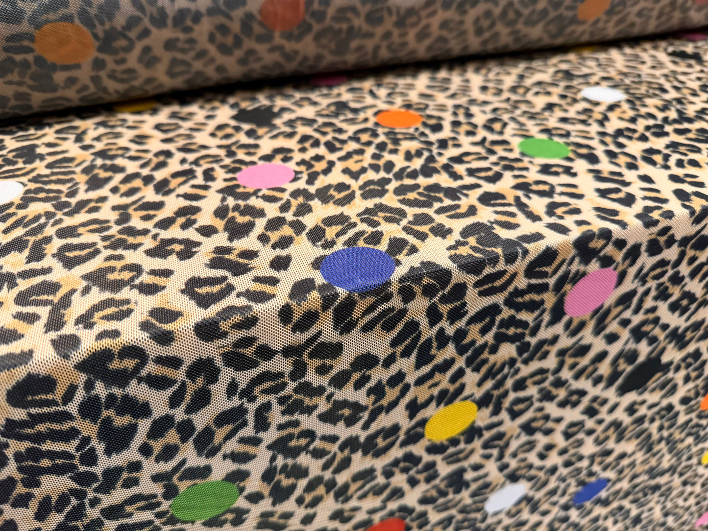 Power mesh net stretch spandex fabric, per metre - polka dot leopard print - multicolour